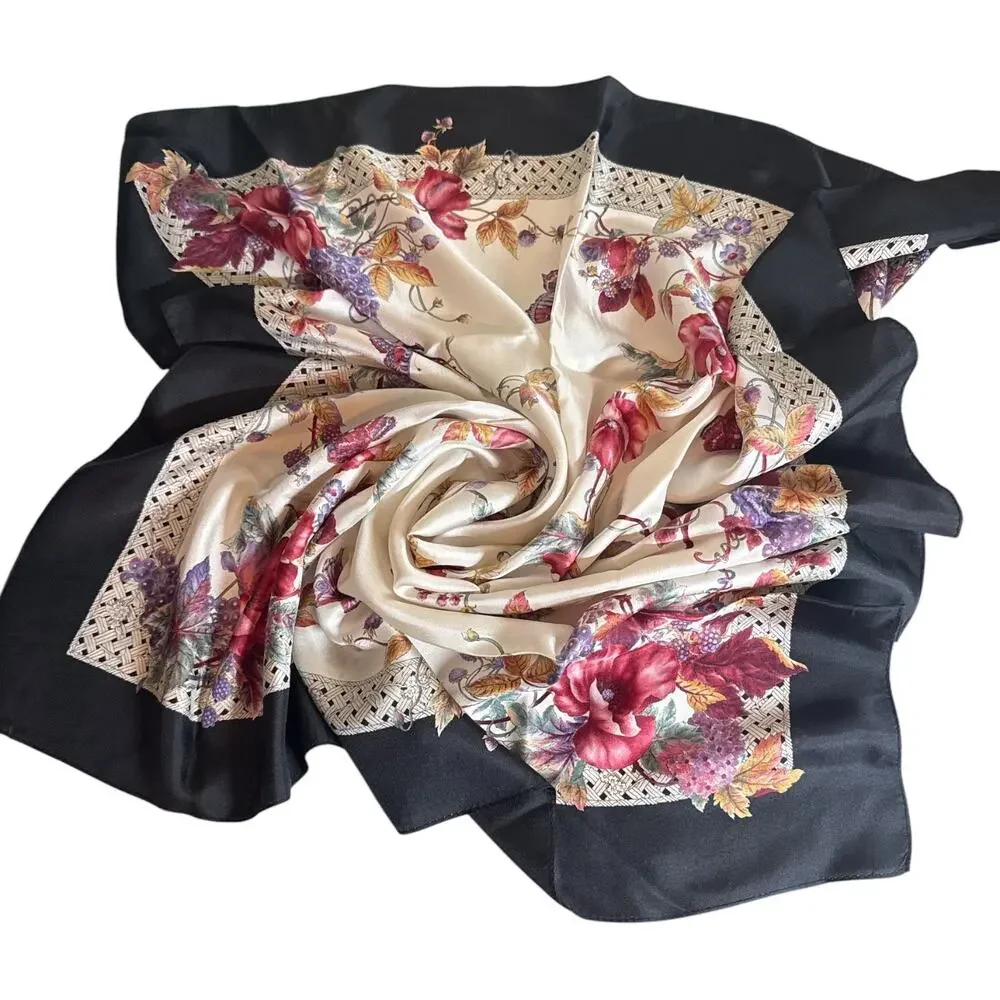 Silk Scarf 34” Square Floral Butterfly Black Ivory Burgundy EUC
